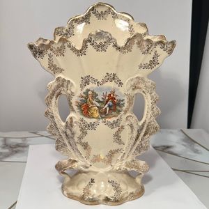 Vintage 9” Portia Royal China 22k Gold Filigree Porcelain Mantle Fan Vase GUC